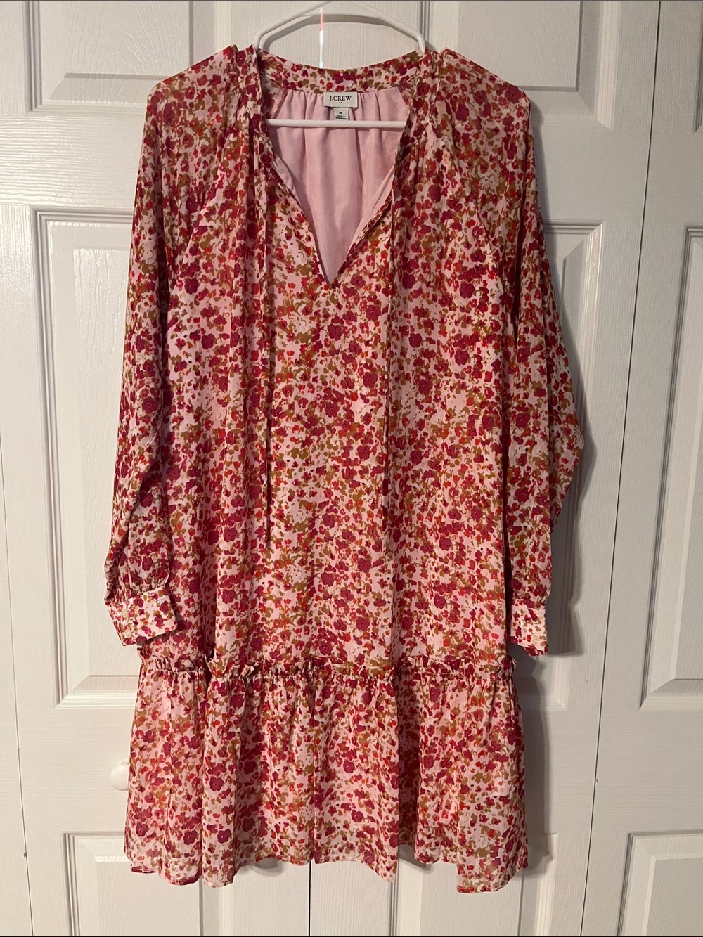 J. Crew Factory Pink and Red Floral Long-Sleeve Ruffle-Hem Dress